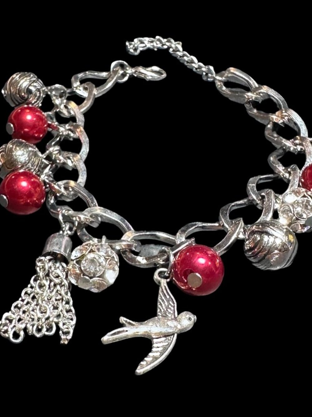 Charm Bracelet Silver Tone Chain Beaded Tassel Bird Womens Jewelry Adjustable - Picture 4 of 6
